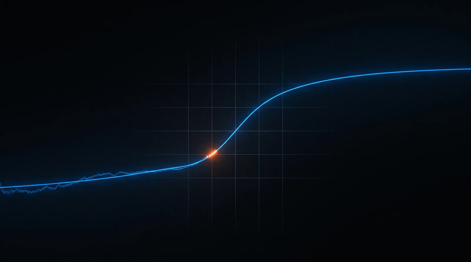 A jagged data line resolving into one smooth curve across a dark blueprint grid, with a single orange marker at the inflection point.