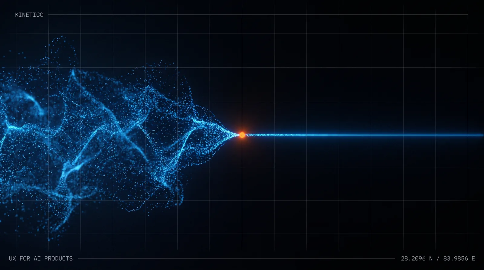 A diffuse cloud of blue particles condensing into a single sharp line on a dark blueprint grid, with an orange point where the cloud becomes the line.