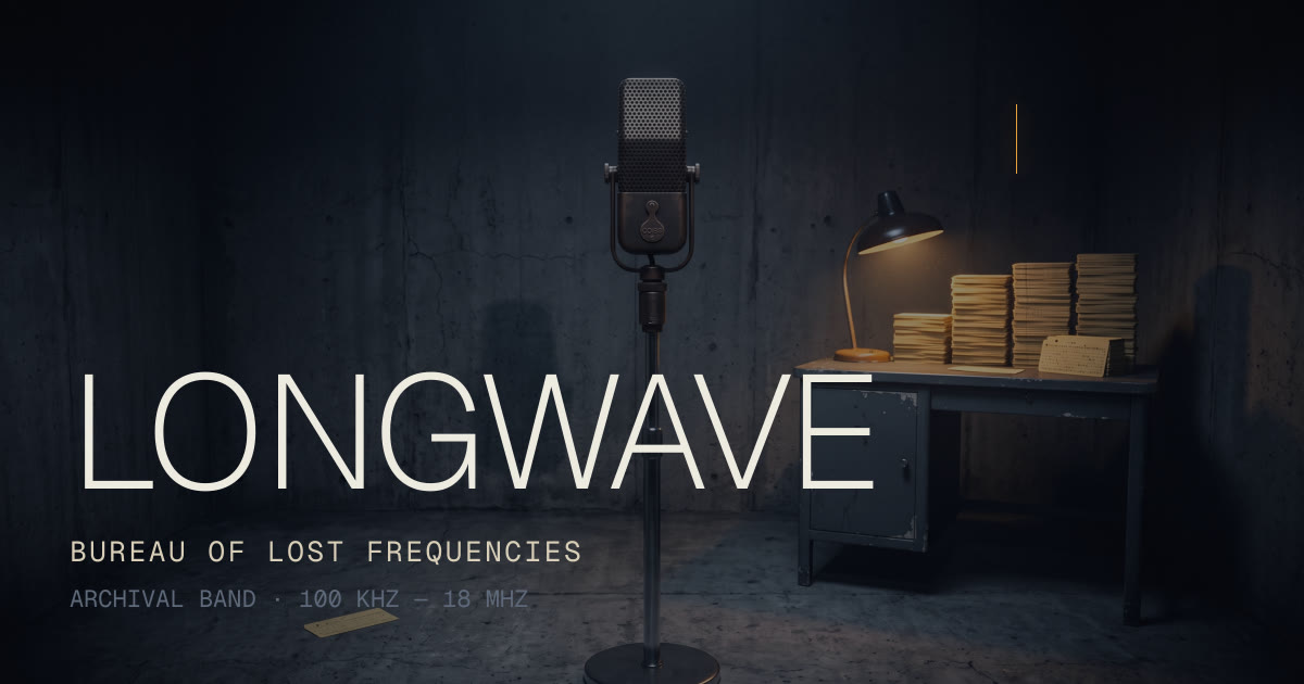 Longwave — a ribbon microphone in a dim archive room beneath the words 'Bureau of Lost Frequencies, archival band 100 kHz – 18 MHz.'